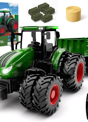 Uarzt Remote Control Tractor Toy with Trailer | Metal Front & Front Loader Farm Vehicle Set with Lights & 8-Wheel Design, RC Tractor Truck for Boys Ages 3-9, Fun Farm Toy Gift for Kids