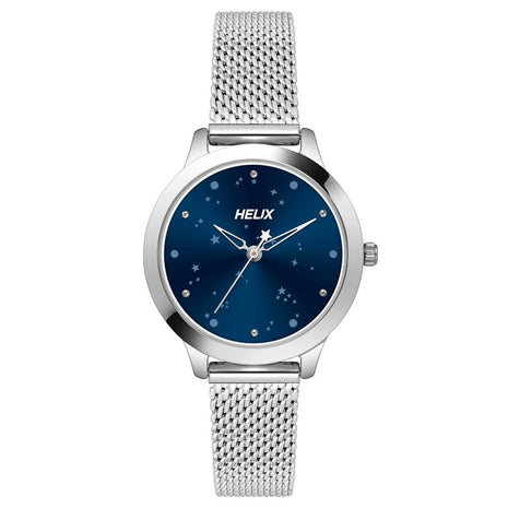 Helix by Timex Analog Watch for Women with Blue Round Dial & Silver Stainless Steel Mesh Bracelet Band Water Resistant Women's Wrist Watches - TW022HL34