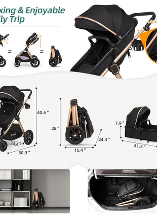 6-in-1 Convertible Baby Stroller with Bassinet Pushchair - Folding Infant Newborn Stroller w/Footmuff, Rain Cover, Cup Holder & Large Storage, Toddler w/All-Scene Large Wheels, Reversible Seat(Black)