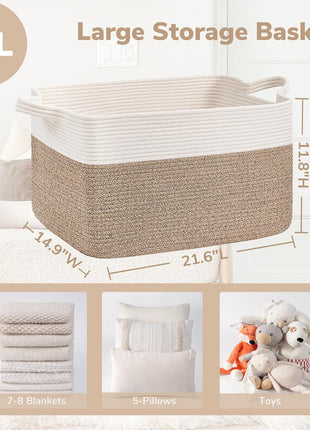 Goodpick Large Woven Blanket Basket, 21.6 inch x 14.9 inch x 11.8 inch Storage Baskets for Organizing, Rectangle Cotton Rope Toy Basket for Living Room, Bedroom, White & Brown