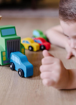Melissa & Doug Car Carrier Truck and Cars Wooden Toy Set with 1 Truck and 4 Cars 5.75inch x 12inch x 3inch