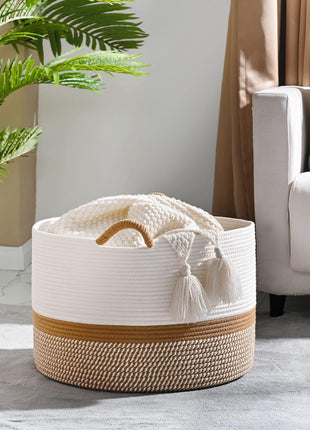 KAKAMAY Large Blanket Basket with Handles, Storage Basket for Living Room | Extra Large Capacity | Blanket Storage | Laundry Basket | Natural Cotton Rope | Stuffed Animal Storage | Woven Storage Basket