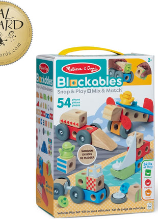 Melissa & Doug BlockablesTM Vehicles Snap and Play, Mix and Match Connectable Wooden Building Blocks Play Set Toy for Preschool Boys and Girls (54 Pcs)