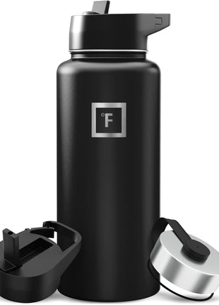 IRON °FLASK Camping & Hiking Hydration Flask with Straw, Wide Mouth Insulated Stainless Steel Sports Water Bottle - 32 oz Midnight Black