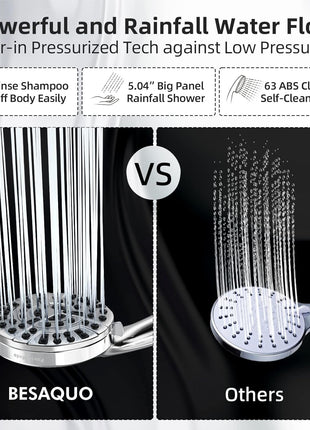 BESAQUO Shower Head,10 Functions High Pressure shower head with handheld, Built in Pause Mode & 2 Power Wash, Non Clogging Nozzles High Flow Hand Held Shower Head, Leakproof 6.5ft Hose&Metal Bracket