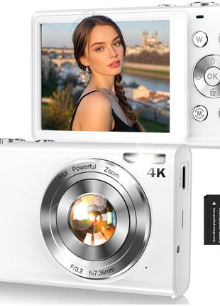 Digital Camera,Autofocus 4K Vlogging Camera for Photography with 32GB Card,48MP Portable Compact Point and Shoot Digital Camera for Teens Adult Beginner with 16X Zoom,Anti-Shake,2 Batteries(White)