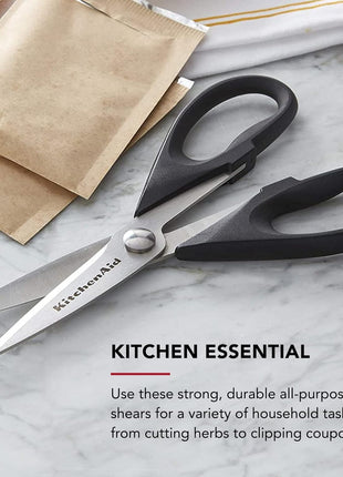 KitchenAid All Purpose Kitchen Shears with Protective Sheath Durable Stainless Steel Scissors, Dishwasher Safe, Soft Grip Comfort Handle, 8.72 Inch, Black