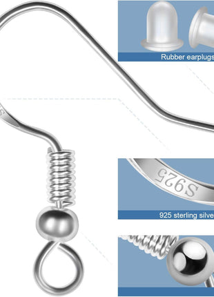 925 Sterling Silver Earring Hooks 120 PCS/60 Pairs, Ear Wires Fish Hooks, Hypo-allergenic Jewelry Findings Parts with 120 PCS Clear Silicone Earring Backs