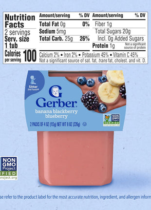 Gerber Stage 2 Baby Food, Banana Blackberry Blueberry Puree Tubs, No Artificial Colors or Flavors, Baby Puree, 16-Pack