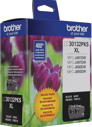 Brother Genuine LC30132PKS 2-Pack High Yield Black Ink Cartridges, Page Yield Up to 400 Pages/Cartridge, LC3013