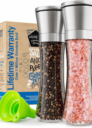 Home EC Premium Stainless Steel Sea Salt and Pepper Grinder Set of 2 - Adjustable Ceramic - Tall Glass Salt and Pepper Shakers - Kitchen Spice Mill W/Funnel & EBook