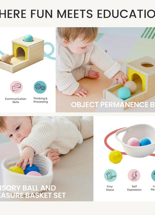 Tiny Land Montessori Toy Set for Babies 7-9 Months Senser Play Kit - 5-in-1 Wooden Learning Toys with Object Permanence Box, Sensory Ball, Stacking Cups and Mirror Puzzle,Body Board Book