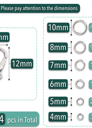 Mr. Pen- Open Jump Rings, Silver, 1014 pcs, 6 Sizes Open Jump Rings for Jewelry Making, Silver Jump Rings and Lobster Clasps