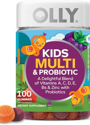 OLLY Kids Multivitamin & Probiotic Gummy, Digestive Support, Vitamins A, D, C, E, B, Zinc, Chewable Supplement, Berry Flavored, 50 Day Supply - 100 Count