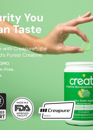 Creatine Monohydrate Gummies for Men & Women   Boost Focus, Strength, and Endurance, Anti Melting Formula, Vegan, Gluten Free, Non GMO, 1.5 Gram Creatine per Gummy (Sour Green Apple, 90 ct)