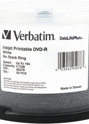 50pk Dvd-R 16x 4.7gb White Inkjet Print Datalifeplus Spindle
