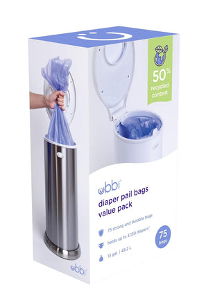 Ubbi Diaper Pail Plastic Bags, 13-Gallon Capacity, 3 Pack, 75 Count | Disposable Baby Waste Bags, Made from 50% Recycled Material, Each Bag Holds Up To 50 Newborn Diapers