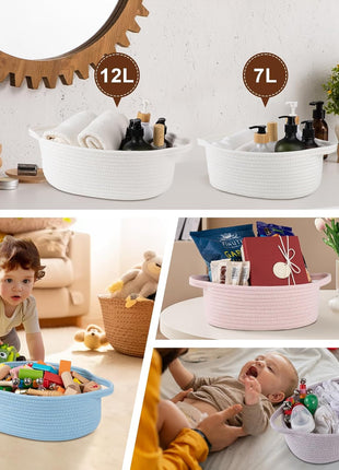 OIAHOMY Gift Basket with Handle, Small Woven Basket with Gift Bag, Ribbon and Wrap Tissue Paper, Nursery Bins Empty to Fill with Small Items, Baby, Pet Toy Organizer - White