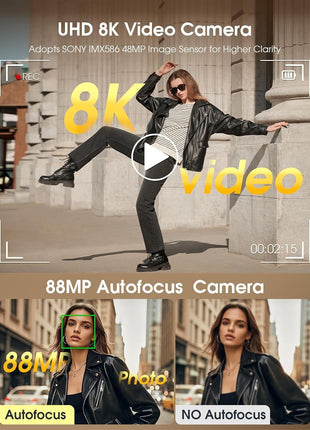 8K Digital Camera, 88MP Cameras for Photography with WiFi & Touch Screen, 16X Zoom Vlogging Camera for YouTube Video, Autofocus & Anti-Shake, Dual Camera, 2 Batteries, 64GB Card, Flash, Lens Hood