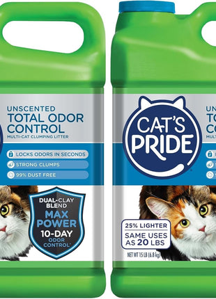 Cat's Pride Max Power: Total Odor Control - Up to 10 Days of Powerful Odor Control - Strong Clumping - Hypoallergenic - 99% Dust Free - Multi-Cat Litter, Unscented, 15 Pounds