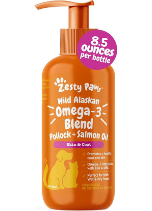 Zesty Paws Wild Alaskan Omega-3 Blend Pollock  Salmon Oil for Dogs and Cats- Skin and Coat Support, Omega 3 Supplement for Pets, 8.5oz