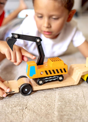 Melissa & Doug Trailer and Excavator Wooden Vehicle Set (3 pcs)