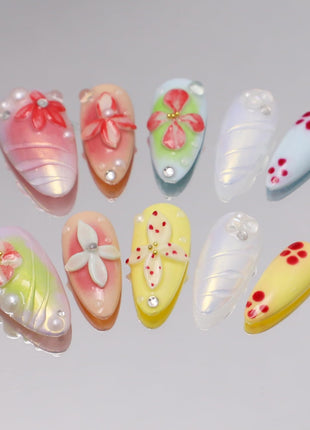 Handmade Medium Almond Nails Thick Press on Nails Aurora Colourful Fake Nails with 3D Tropical Flower Art Design Reusable Acrylic False Nails, Nature Stick on Nail for Wome (Size S)