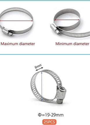 ZIPCCI Hose Clamp, 1 Inch Stainless Steel Worm Gear fuel line hose clamps, 19-29mm (25pack)