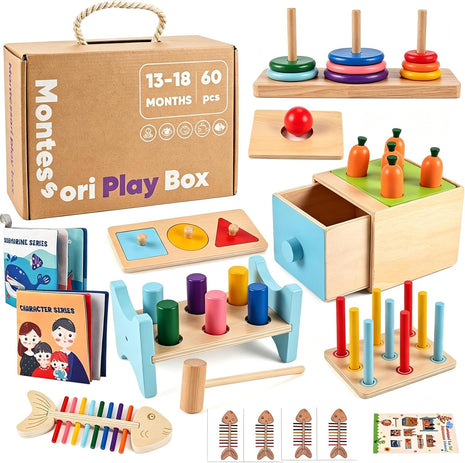 Montessori Toys for 1+ Year Old, 9-in-1 Learning Educational Toys | Wooden Montessori Toys with 3-in-1 Activity Box, Pound Bench, Shape Puzzle, Cloth Books, Fishbone Matching & Ring Stacker