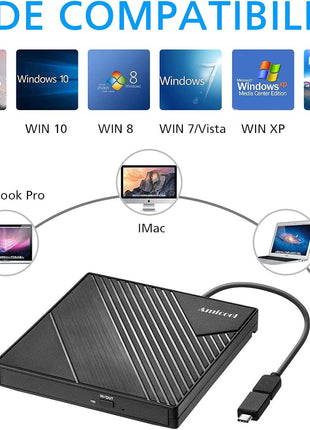 Amicool External DVD Drive USB 3.0 USB C CD Burner CD/DVD +/-RW Optical Drive, Slim Portable DVD CD ROM Rewriter Writer Duplicator for Laptop Desktop PC Windows 11/10/8/7 MacBook Mac Linux OS Apple