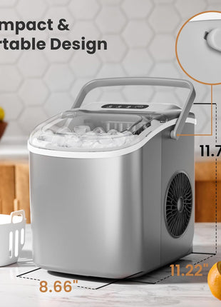 Crzoe Countertop Ice Maker,26Lbs/24H, 2 Sizes of Ice, Self-Cleaning,Grey | 8 Bullet-Shaped Ice Cubes Ready in 6 Mins, Portable Ice Machine with Ice Scoop and Basket for Home/Kitchen