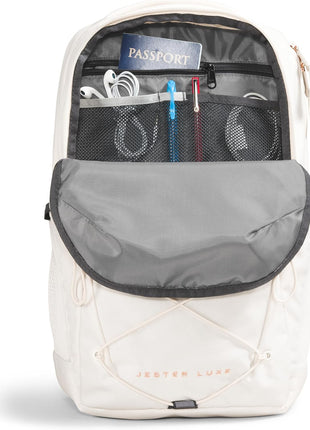 The North Face Women's Jester Luxe Laptop Backpack, Gardenia White | 28L capacity, padded 16 in computer sleeve, FlexVent suspension system, water bottle pockets, stands unsupported