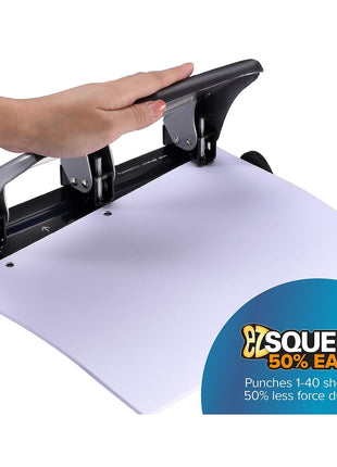 Bostitch Office EZ Squeeze Heavy Duty 3 Hole Punch, 40-Sheet Capacity, Use Less Force, Perfect for Home Office School Supplies, Sleek Design, Silver