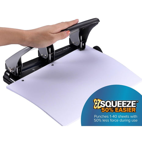 Bostitch Office EZ Squeeze Heavy Duty 3 Hole Punch, 40-Sheet Capacity, Use Less Force, Perfect for Home Office School Supplies, Sleek Design, Silver