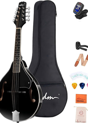 ADM Acoustic Mandolin Instrument Kit Music A Style for Kids Students Adults Wood Mandolins Beginner Set With Bag, Tuner, Pick-up, Strap, Strings, Picks and Hanger, Drak Black