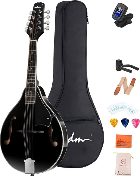 ADM Acoustic Mandolin Instrument Kit Music A Style for Kids Students Adults Wood Mandolins Beginner Set With Bag, Tuner, Pick-up, Strap, Strings, Picks and Hanger, Drak Black