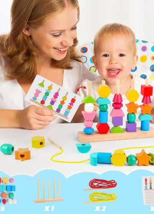 Montessori Wooden Beads Sequencing Toy Set, Stacking Blocks & Lacing Beads & Matching Shape Stacker, Montessori Toys for 3 4 5 Year Old STEM Preschool Learning Toys Gifts for Kids Boy Girl Toddler