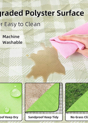 ZAZE Extra Large Picnic Outdoor Blanket, 80''x80'' Waterproof Foldable Blankets Gingham Picnic Mat for Beach, Camping Grass Lawn Park Accessories Cute Couple Gifts Ideas Wedding Registry(Green White)