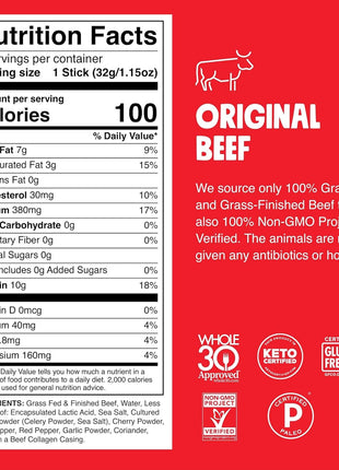 Chomps Grass-Fed and Finished Original Beef Jerky Snack Sticks 10-Pack - Keto, Paleo, Whole30, 10g Lean Meat Protein, Gluten-Free, Zero Sugar Food, Non-GMO