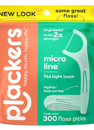 Plackers Micro Line Dental Floss Picks, Fold Out FlipPick, Tuffloss, Easy Storage with Sure Zip Seal, Fresh Mint Flavor, 300 Count