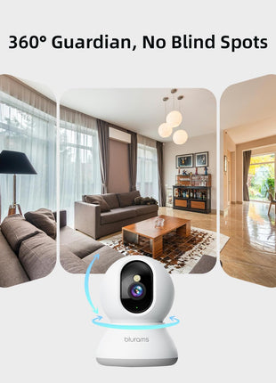 Security Camera 2K, blurams Baby Monitor Dog Camera 360-degree for Home Security w/Smart Motion Tracking, Phone App, IR Night Vision, Siren, Works with Alexa & Google Assistant & IFTTT, 2-Way Audio