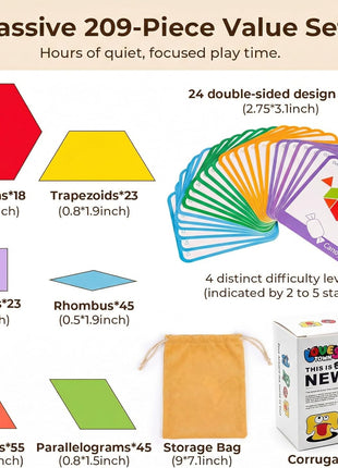 LovesTown 209 PCS Shapes Wooden Pattern Blocks for Kids | Geometric with Activity Cards, Storage Bag, Educational Tangram Puzzles, Great Learning Gift