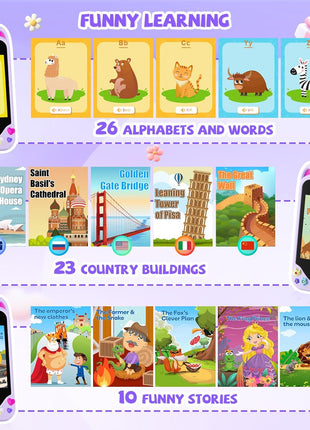 Yosfeng Kids Smart Phone Toy for Girls Ages 3-8, Touchscreen Toy Phone with Dual Cameras, Learning Games, Music Player, 32GB Card Birthday Gift for Kids
