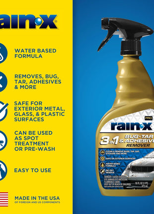 Rain-X Pro 620213 3-in-1 Bug, Tar and Adhesive Remover, 16oz - Premium Bug, Tar and Adhesive Remover to Help Clean and Remove Sticky Contaminants