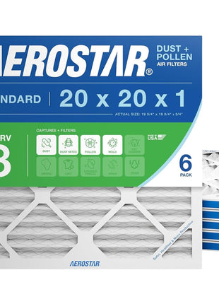 Aerostar 20x20x1 MERV 8 - 6 Count - High Efficiency Pleated HVAC, Furnace & Air Conditioner Filters - Removes Dust, Lint, Mold & Allergy-Causing Pollen