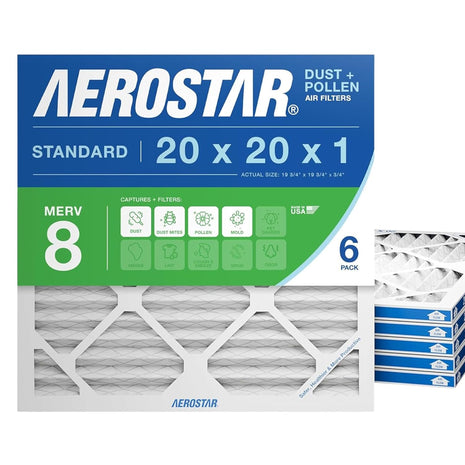 Aerostar 20x20x1 MERV 8 - 6 Count - High Efficiency Pleated HVAC, Furnace & Air Conditioner Filters - Removes Dust, Lint, Mold & Allergy-Causing Pollen