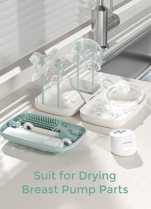 Momcozy 7-in-1 Baby Bottle Brush Set with Drying Rack, Green | Silicone Nipple Straw Brushes, Soap Dispenser Storage Box, Foldable Drain Rack, Portable Bag, BPA-Free, Home & Travel