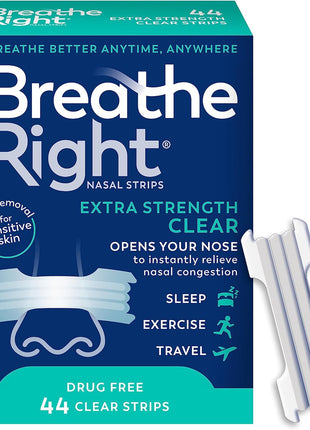 Breathe Right Nasal Strips, Extra Strength, Nasal Congestion, Clear, 44ct | Opens nose and increases nasal airflow, helps relieve nasal congestion for better breathing, drug-free, use anytime, anywhere