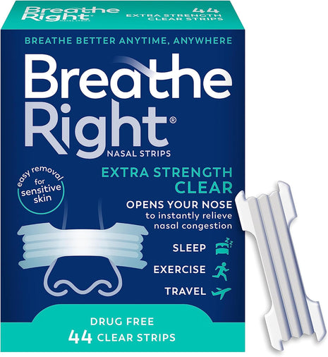 Breathe Right Nasal Strips, Extra Strength, Nasal Congestion, Clear, 44ct | Opens nose and increases nasal airflow, helps relieve nasal congestion for better breathing, drug-free, use anytime, anywhere