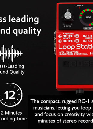 Boss RC 1 Loop Station Bundle with Gearlux Power Supply, Instrument Cable, Patch Cable, and Picks